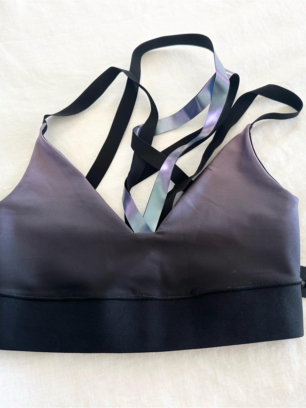 ultracor iridescent purple and black strappy sports bralette